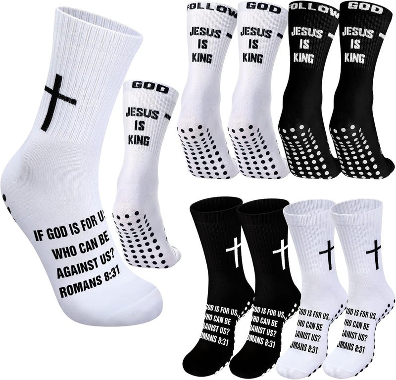 Jamntower 4 Pairs Cross Grip Soccer Socks with Bible Verse Anti Slip Religious Jesus Christian Football Sock with Rubber Dots - Image 1